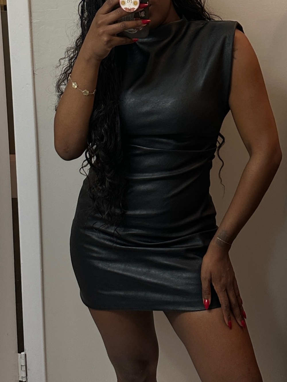 Zara Black Faux Leather Mini Dress with Padded Shoulders - Picture 7 of 10